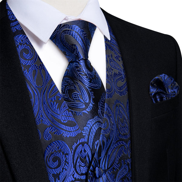 Ties2you Dark Midnight-Blue Paisley V-Neck Silk Mens Vest Necktie Hanky Cufflinks Set