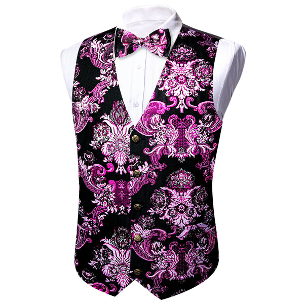 Black Pink Floral Silk Men's Vest Bow Tie Set Waistcoat Suit Set