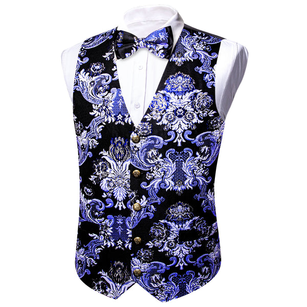 Black Blue Floral Silk Men's Vest Bow Tie Set Waistcoat Suit Set