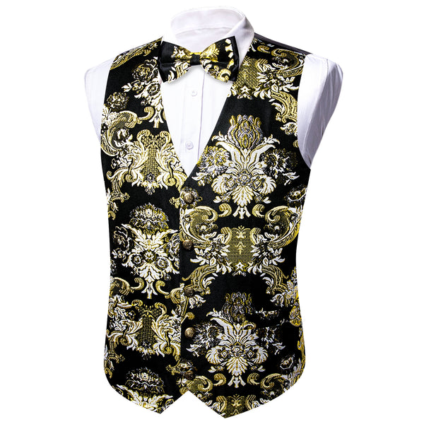 Black Beige Floral Silk Men's Vest Bow Tie Set Waistcoat Suit Set