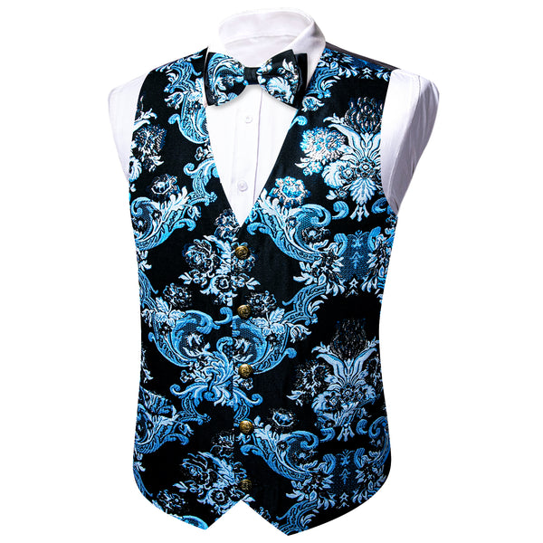 Black Sky Blue Floral Silk Men's Vest Bow Tie Set Waistcoat Suit Set