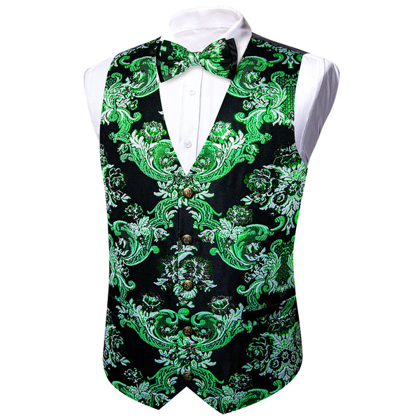 Black Green Floral Silk Men's Vest Bow Tie Set Waistcoat Suit Set