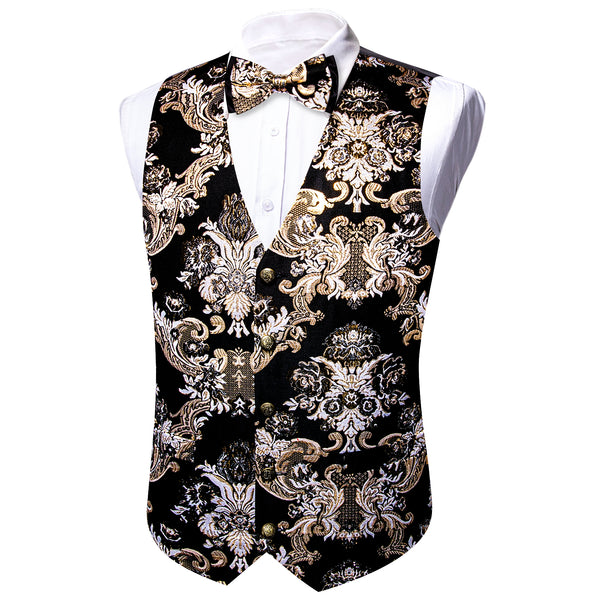 Black Khaki Floral Silk Men's Vest Bow Tie Set Waistcoat Suit Set