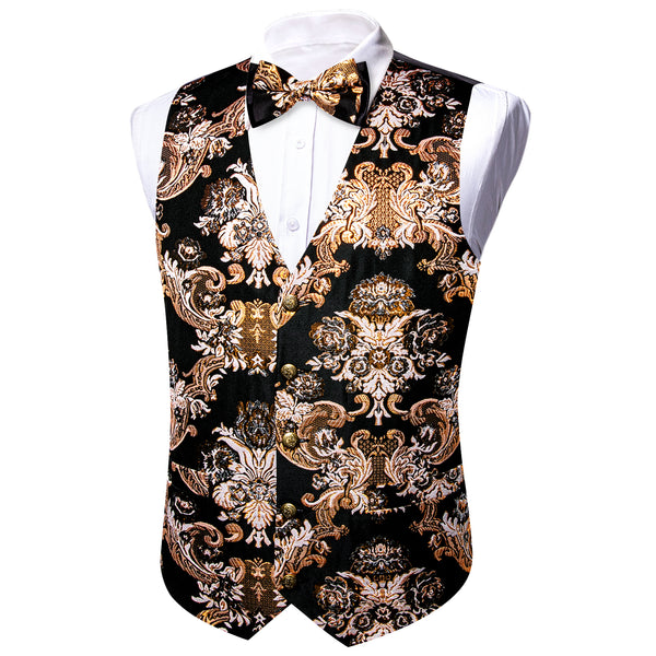 Black Light Brown Floral Silk Men's Vest Bow Tie Set Waistcoat Suit Set