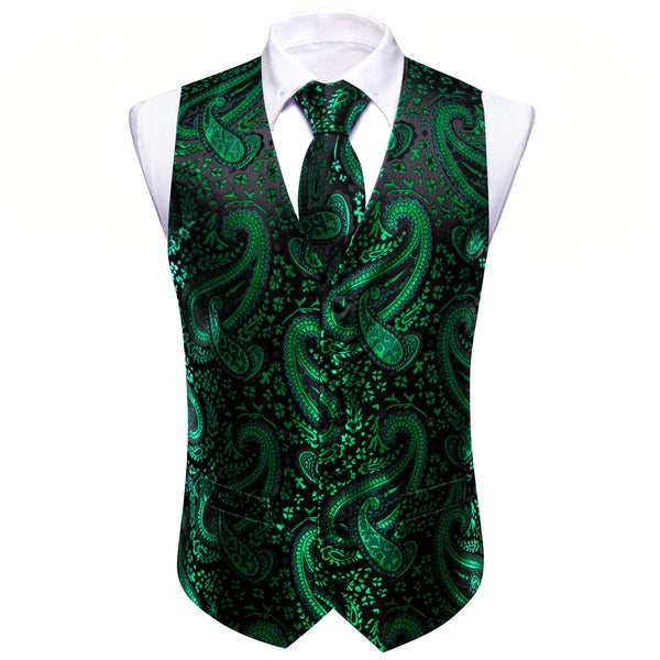 Green Black Paisley Silk Men Vest Hanky Cufflinks Tie Set