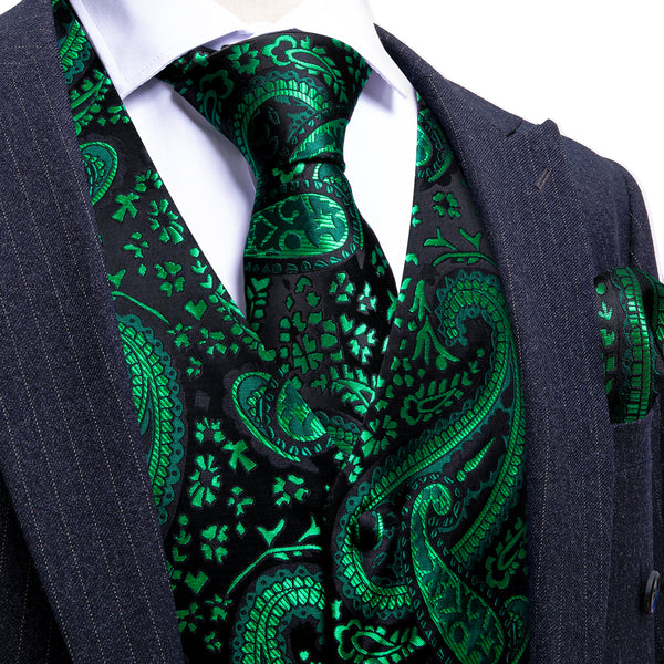 Green Black Paisley Silk Men's Vest Hanky Cufflinks Tie Set