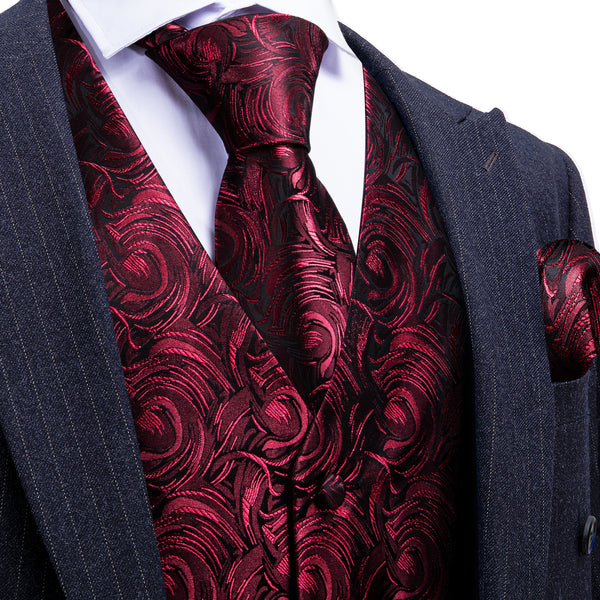 Red Floral Silk Men's Vest Hanky Cufflinks Tie Set