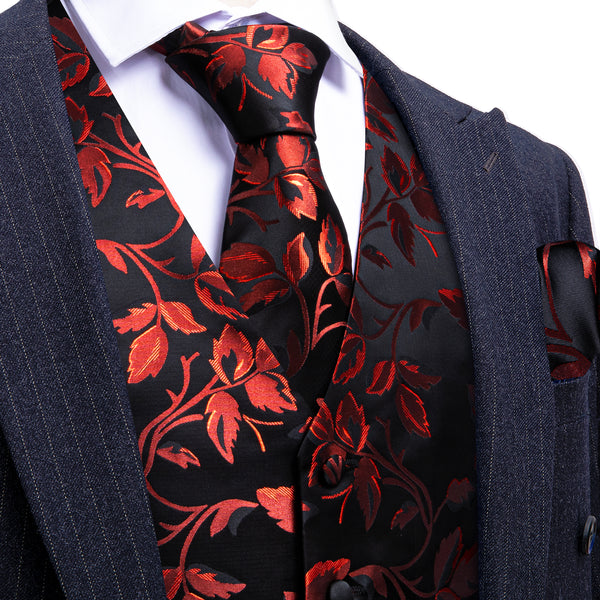 Red Floral Leaf Silk Men's Vest Hanky Cufflinks Tie Set