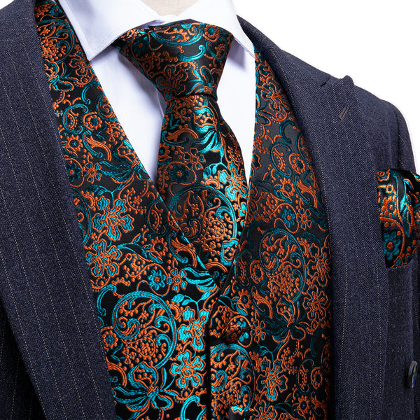 Orange Blue Floral Silk Men's Vest Hanky Cufflinks Tie Set