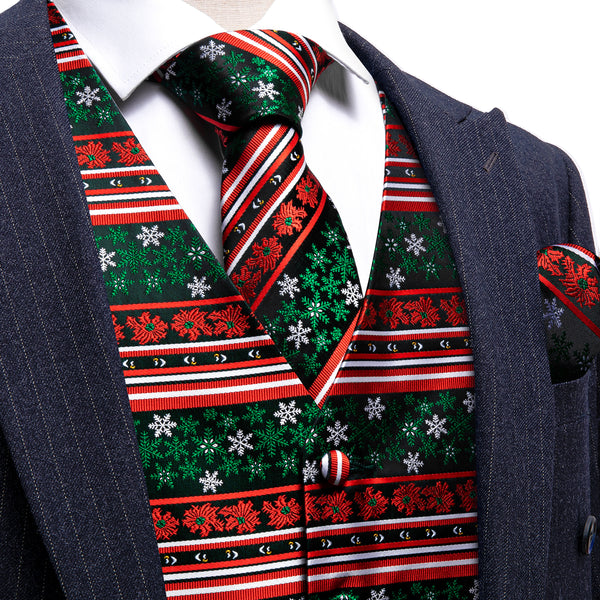 Christmas Red Green White Snowflake Silk Men's Vest Hanky Cufflinks Tie Set