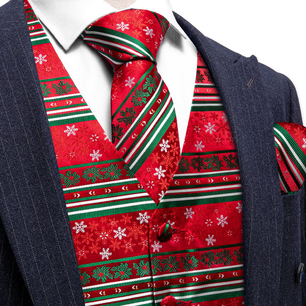 Christmas Bright Red Green White Snowflake Silk Men's Vest Hanky Cufflinks Tie Set