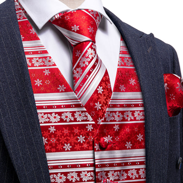 Christmas Bright Red White Snowflake Silk Men's Vest Hanky Cufflinks Tie Set