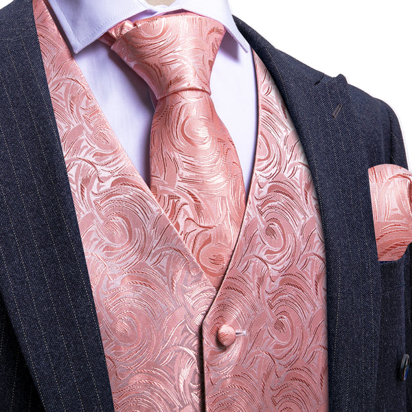 Baby Pink Floral Silk Men's Vest Hanky Cufflinks Tie Set