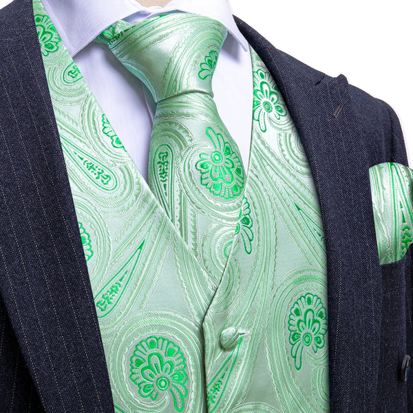 Green Paisley Flower Silk Men's Vest Hanky Cufflinks Tie Set