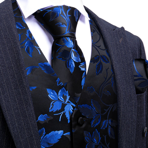 Ties2you Men's Vest Blue Black Floral Leaf Silk Vest Hanky Cufflinks Tie Set