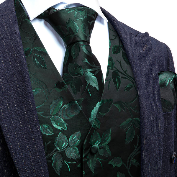 Green Black Floral Leaf Silk Men's Vest Hanky Cufflinks Tie Set