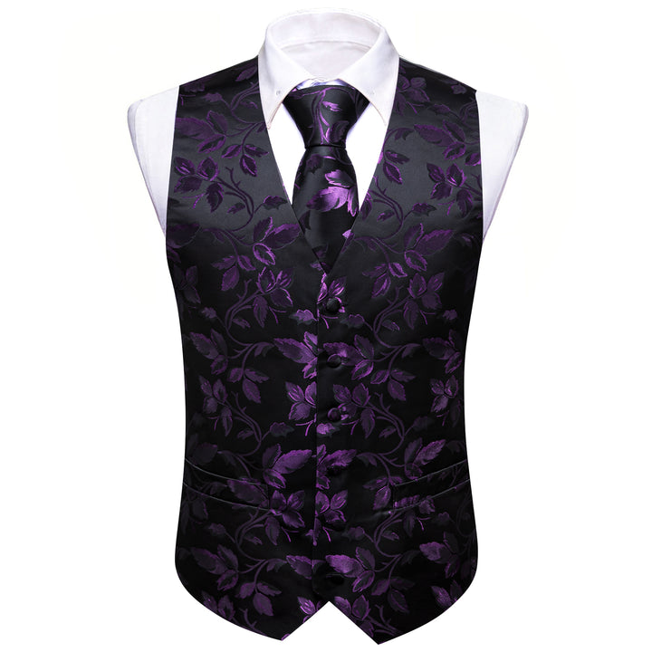 Purple Black Floral Leaf Silk vest suits for men
