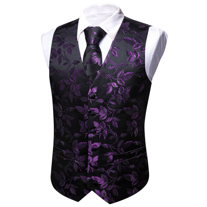 Purple Black Floral Leaf Silk Men's suiting vest