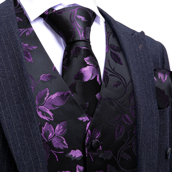 Purple Black Floral Leaf Silk mens wearhouse vest