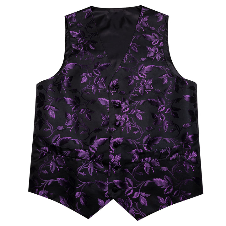 Purple Black Floral Leaf Silk vest mens suit