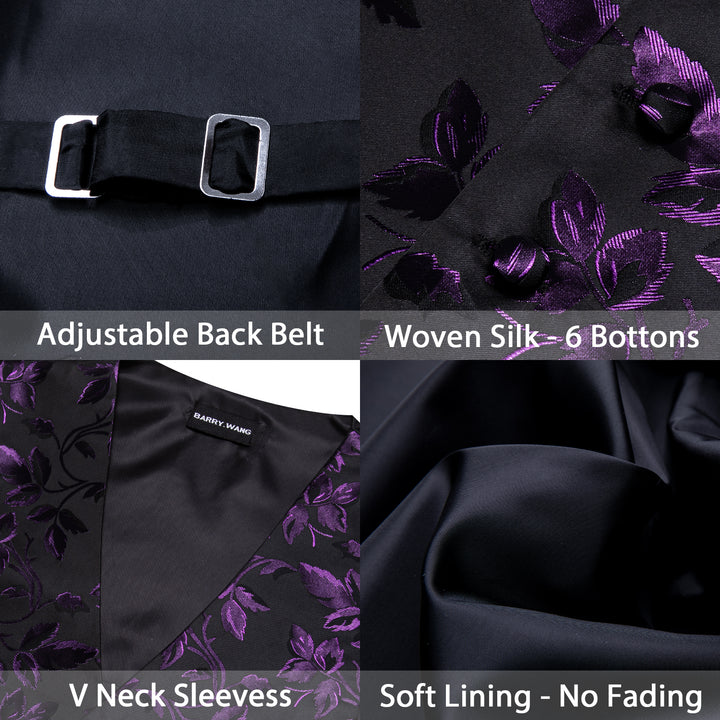 Purple Black Floral Leaf Silk mens dressy vest