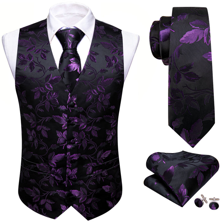 Purple Black Floral Leaf Silk men vest outfit