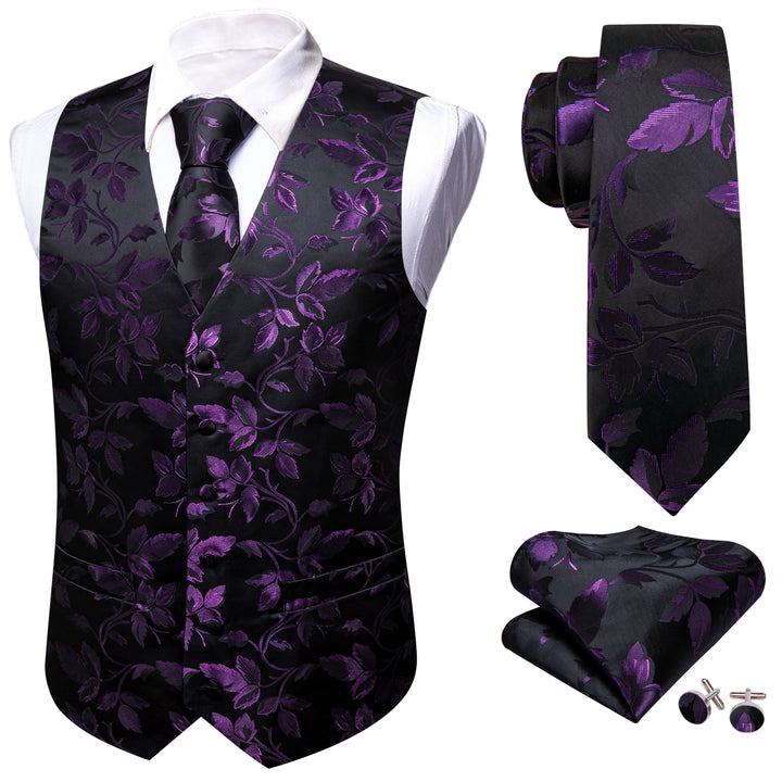 Purple Black Floral Leaf Silk mens warehouse suit vests