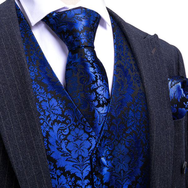 Klein Blue Floral Silk Men's Vest Hanky Cufflinks Tie Set