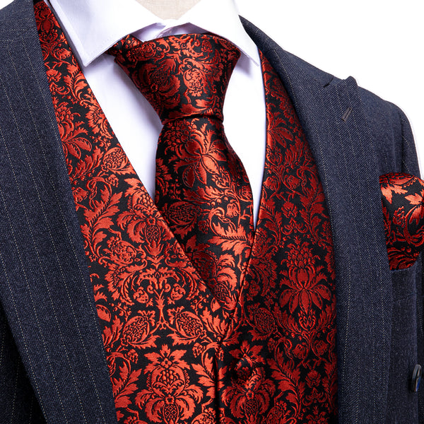 Red Floral Silk Men Vest Hanky Cufflinks Tie Set