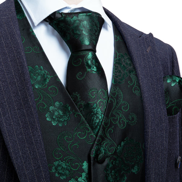 Green Black Floral Flower Silk Men's Vest Hanky Cufflinks Tie Set