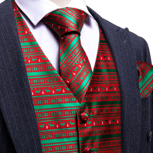 Christmas Green Red Snowflake Deers Silk Men's Vest Hanky Cufflinks Tie Set