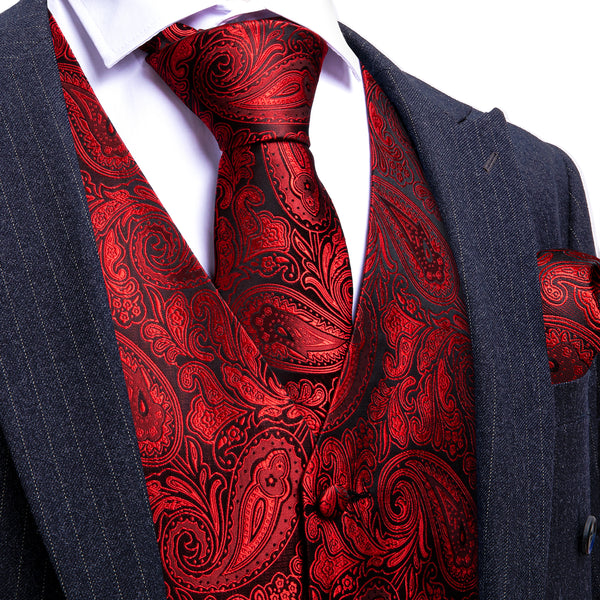 Red Paisley Silk Men Vest Hanky Cufflinks Tie Set