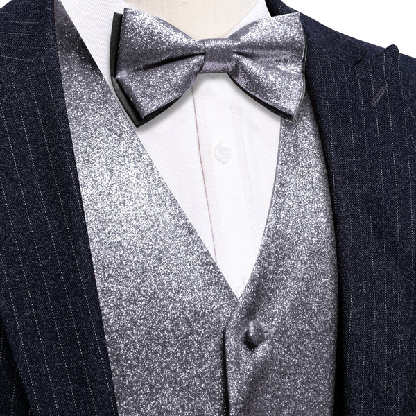 Shining Silver Solid Silk Men's Vest Bow Tie Set Waistcoat Suit Set