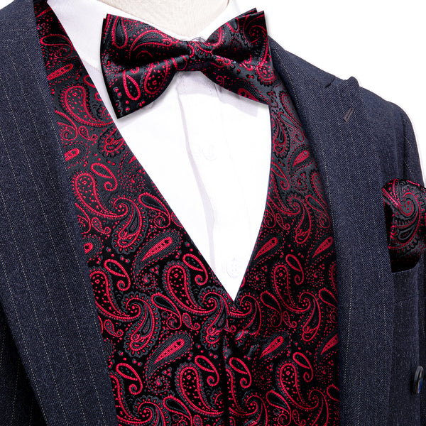 Dark Red Black Paisley Silk Men's Vest Bow Tie Handkerchief Cufflinks Set