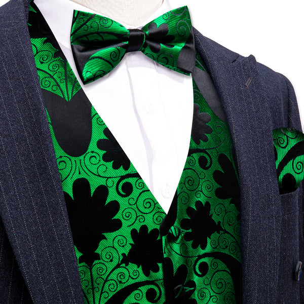 Green Black Floral Leaf Silk Men's Vest Bow Tie Handkerchief Cufflinks Set