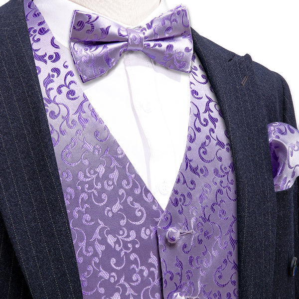 Ties2you Men's Vest Purple Floral Leaf Silk Tuxedo Vest Bow Tie Handkerchief Cufflinks Set