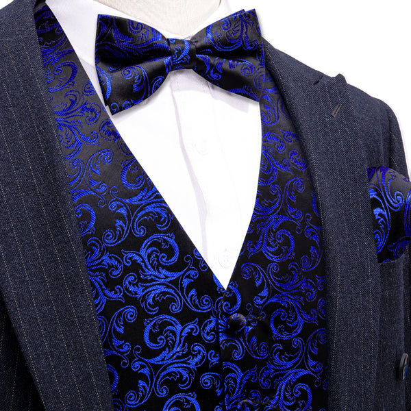 Klein Blue Black Floral Leaf Silk Men's Vest Bow Tie Handkerchief Cufflinks Set