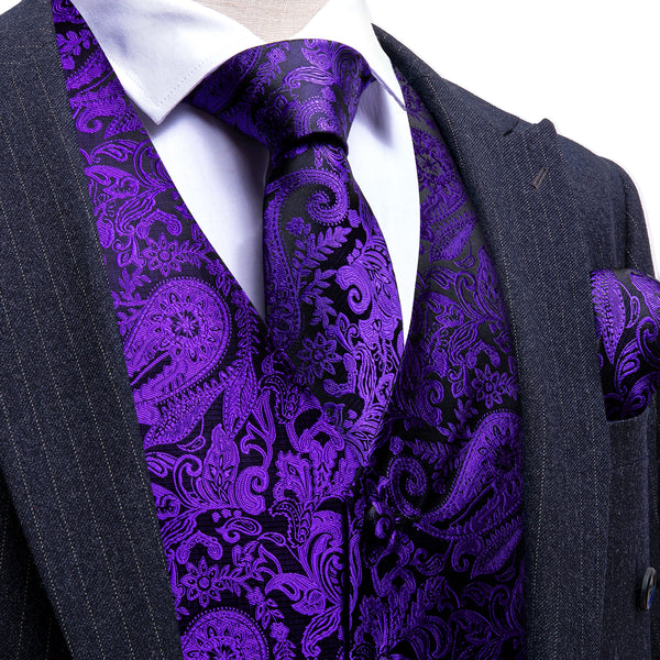 Dark Purple Black Paisley Silk Men's Vest Tie Handkerchief Cufflinks Set