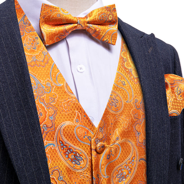 Orange Blue Paisley Silk Men's Vest Hanky Cufflinks Bow Tie Set