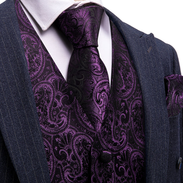 Ties2you Black Purple Paisley Silk Men's Vest Hanky Cufflinks Tie Set