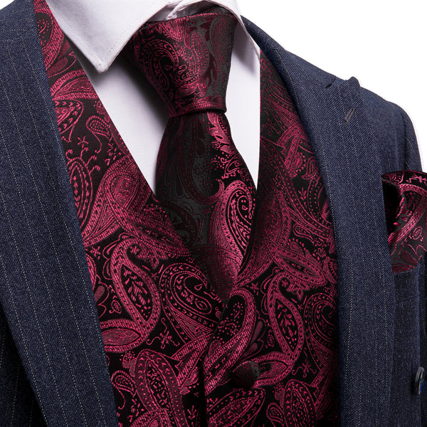Ties2you Burgundy Red Paisley Silk Men's Vest Hanky Cufflinks Tie Set