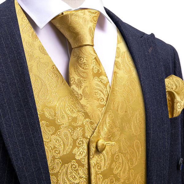 Yellow Paisley Silk Men's Vest Hanky Cufflinks Tie Set