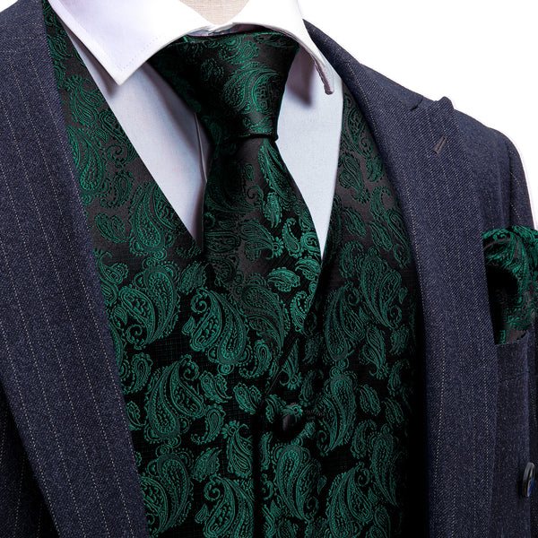 Dark Green Black Paisley Silk Men's Vest Hanky Cufflinks Tie Set