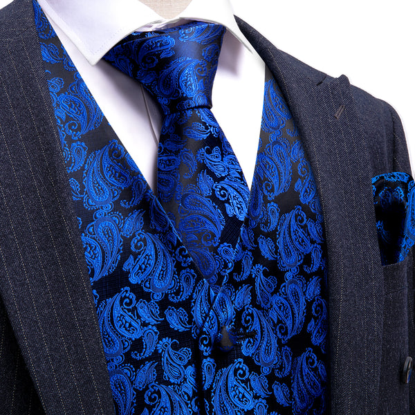 Klein Blue Paisley Silk Men's Vest Hanky Cufflinks Tie Set