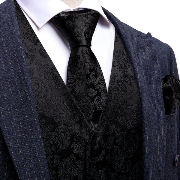 Black Paisley Silk Men's Vest Hanky Cufflinks Tie Set