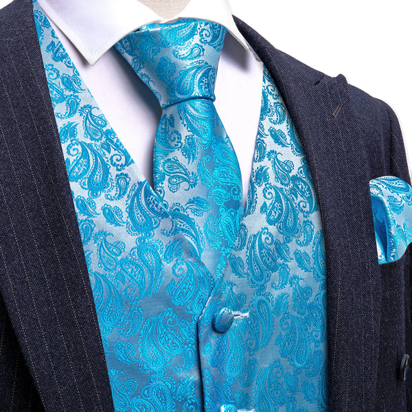 Sky Blue Paisley Silk Men Vest Hanky Cufflinks Tie Set