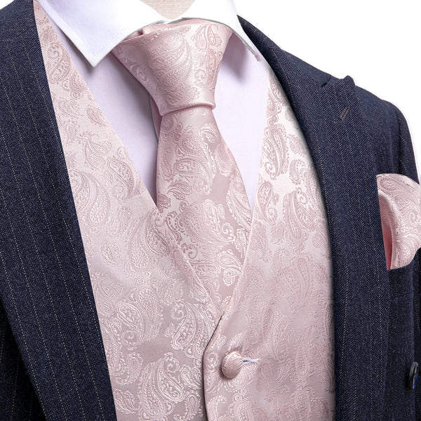 Light Pink Paisley Silk Men's Vest Hanky Cufflinks Tie Set