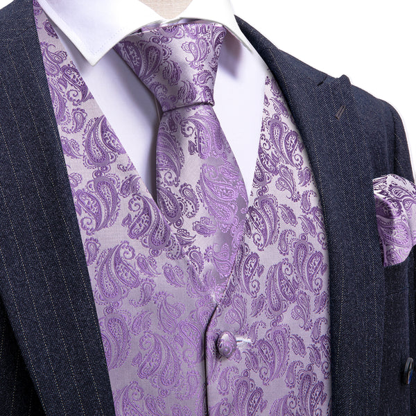 Purple Paisley Silk Men's Vest Hanky Cufflinks Tie Set