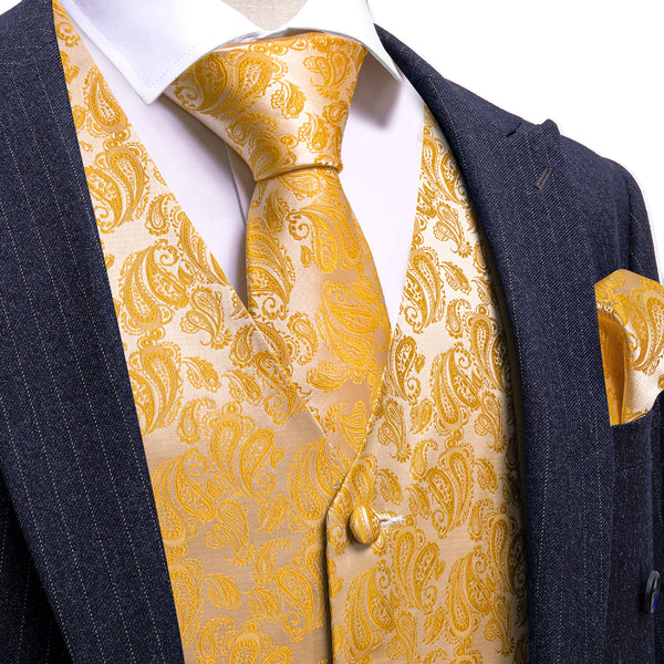 Honey Orange Paisley Silk Men's Vest Hanky Cufflinks Tie Set