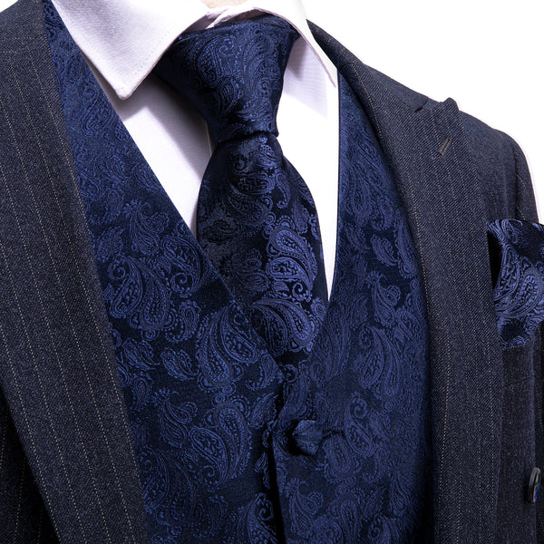 Ties2you Navy Blue Paisley Silk Men's Vest Hanky Cufflinks Tie Set